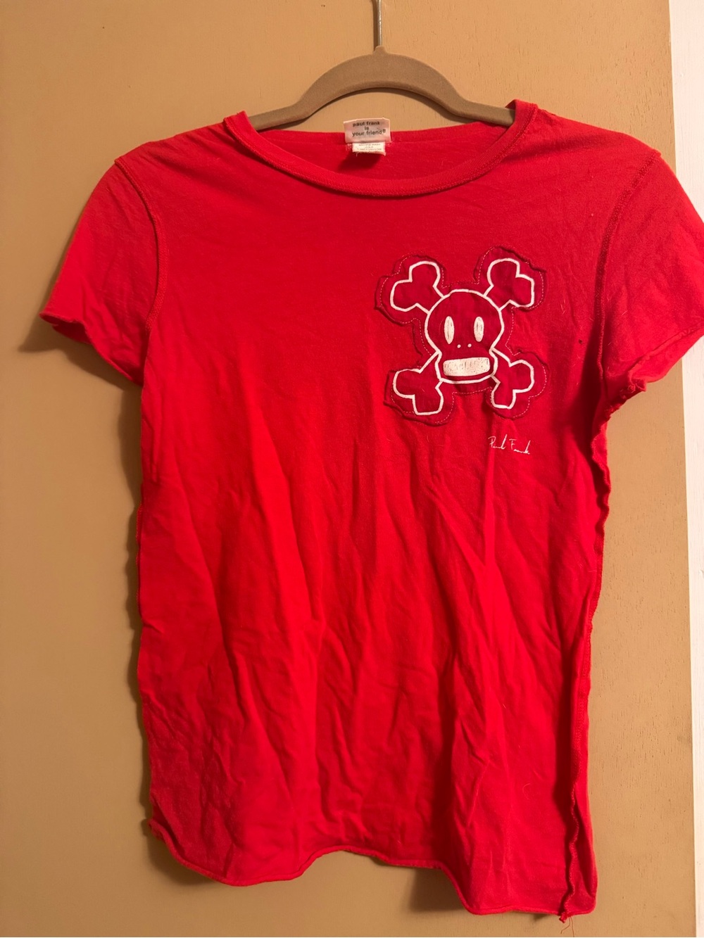 VINTAGE (2002) Paul Frank Women’s Red Graphic Baby Tee with Skull & Crossbones